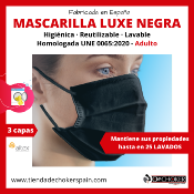 A3Pack 250 uds. Mascarillas higiénicas LUXE NEGRAS reutilizables 25 ciclos lavables 3 capas - Adultos (5 bolsas de 5 unid.)