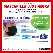 A3Pack 250 uds. Mascarillas higiénicas LUXE NEGRAS reutilizables 25 ciclos lavables 3 capas - Adultos (5 bolsas de 5 unid.)